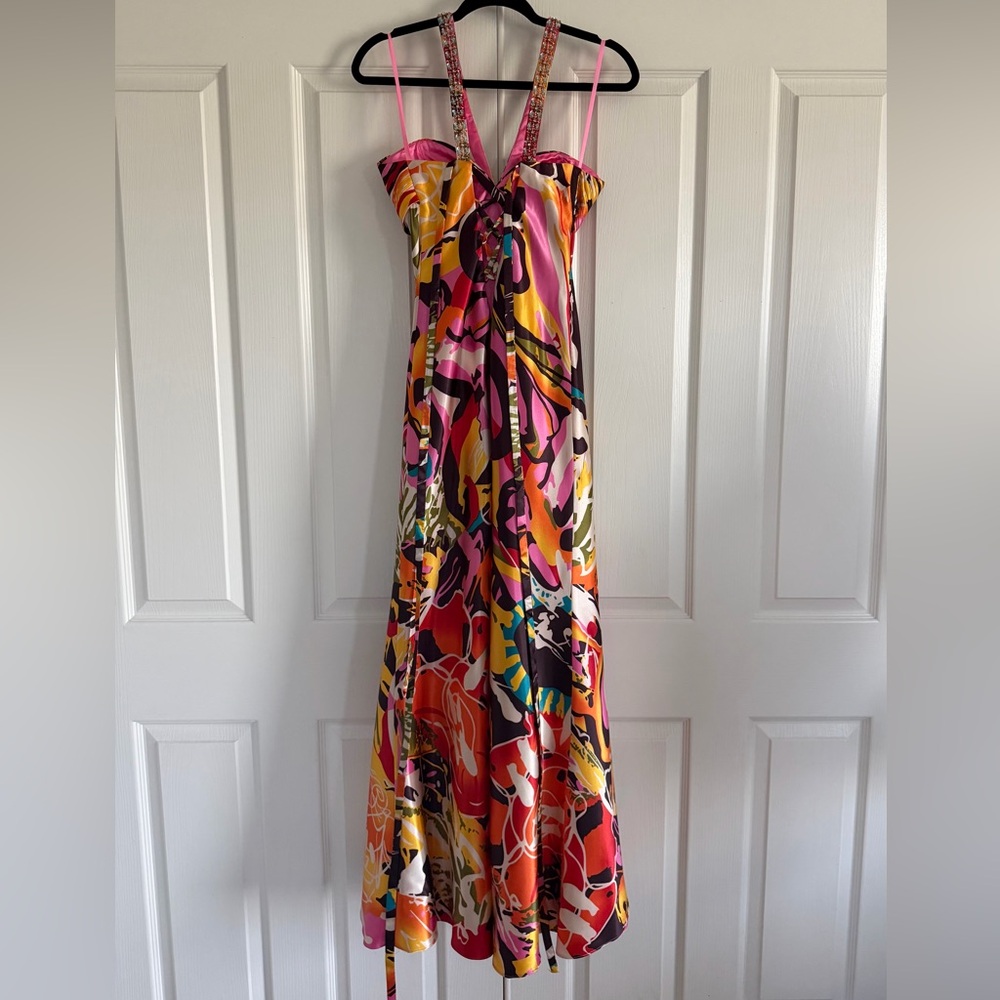 Faviana Couture Colorful Embellished Long Satin Maxi Dress Formal Gown Size 12 - Picture 12 of 16